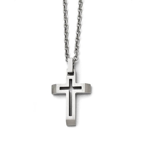 Stainless Steel Polished and Brushed Cut-out Cross Necklace SRN1468 - shirin-diamonds