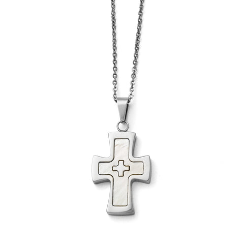 Stainless Steel Polished Mother Of Pearl Cross Necklace SRN1476 - shirin-diamonds