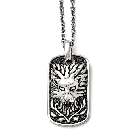 Stainless Steel Polished and Antiqued Lion Dog Tag Necklace SRN1477 - shirin-diamonds