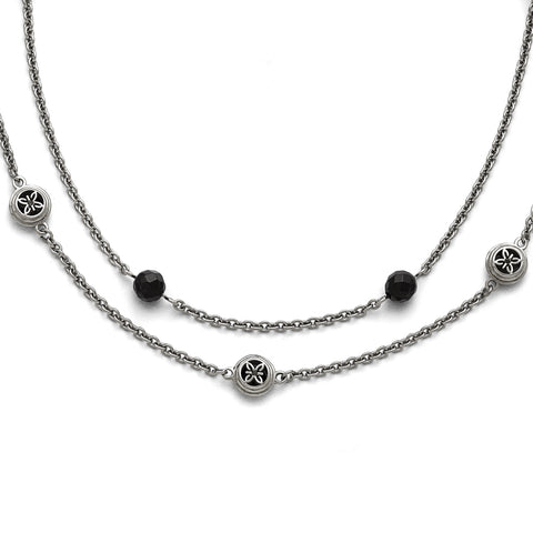 Stainless Steel Polished Black Onyx w/2in ext. Layered Necklace SRN1507 - shirin-diamonds