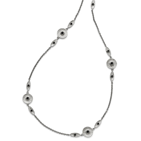 Stainless Steel Polished/Textured Black Onyx w/2in ext. Necklace SRN1511 - shirin-diamonds