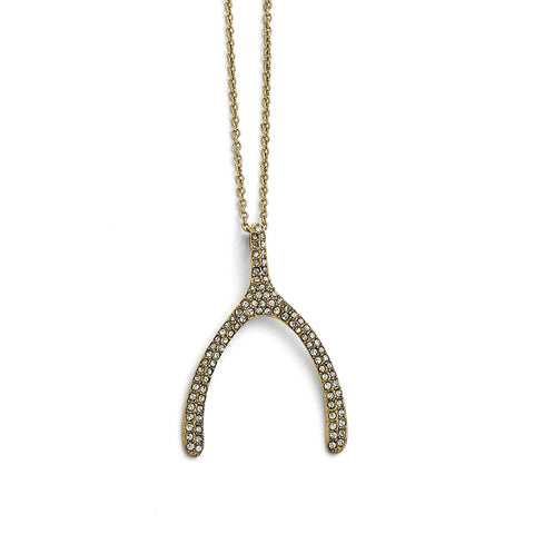 Stainless Steel Polished Yellow PVD-plated Crystal Wishbone Necklace SRN1519 - shirin-diamonds