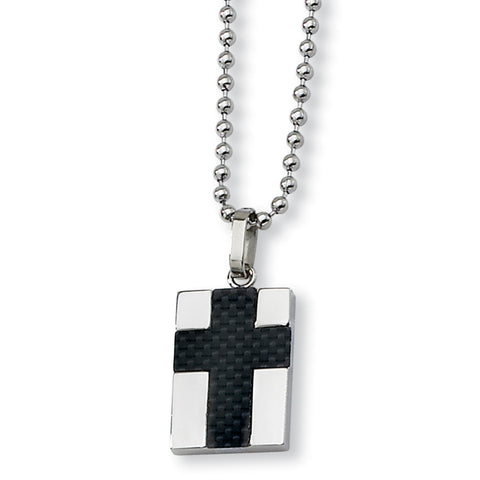 Stainless Steel Polished Carbon Fiber Inlay Cross 22in Necklace SRN152 - shirin-diamonds