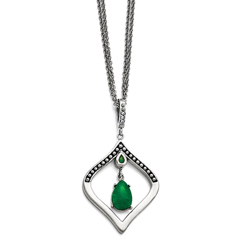 Stain.Steel Polished/Antiqued Synthetic Dyed Jade/CZ w/2in ext. Necklace SRN1534 - shirin-diamonds