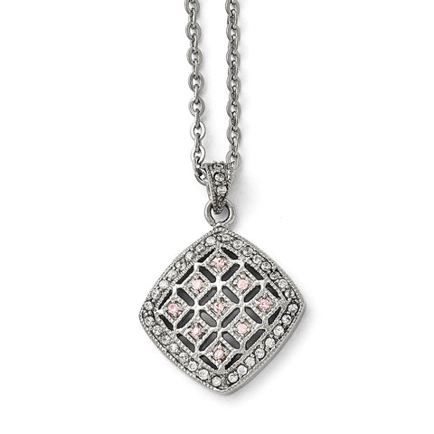Stainless Steel Polished Clear and Pink CZ Square Necklace SRN1584 - shirin-diamonds