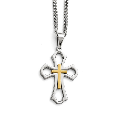 Stainless Steel Yellow IP-plated Cross Brushed/Polished Necklace SRN1586 - shirin-diamonds