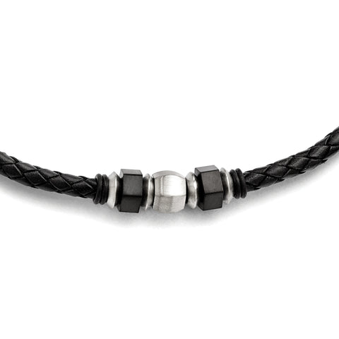 Stainless Steel Brushed Leather Black IP-plated & Rubber Necklace SRN1620 - shirin-diamonds