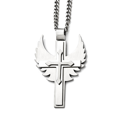 Stainless Steel Polished/Brushed Cross with Wings Necklace SRN1633 - shirin-diamonds