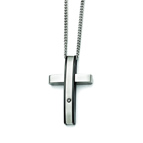 Stainless Steel Polished/Black IP-plated 1pt.Diamond Cross Necklace SRN1663 - shirin-diamonds