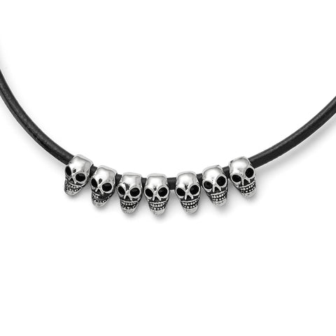 Stainless Steel Polished/Antiqued Skulls Black Leather Cord Necklace SRN1689 - shirin-diamonds