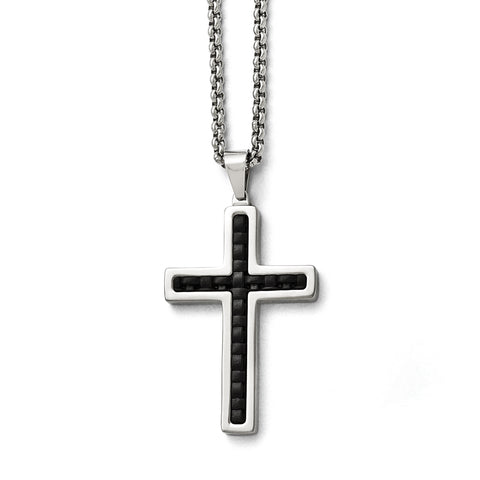 Stainless Steel Polished Black Genuine Leather Inlay Cross Necklace SRN1694 - shirin-diamonds