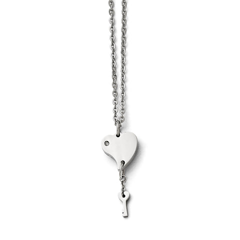 Stainless Steel Polished Heart w/CZ and Key Necklace SRN1701 - shirin-diamonds