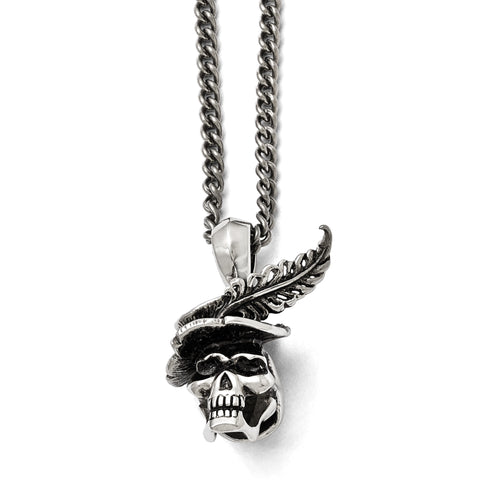Stainless Steel Polished and Antiqued Skull with Feather Necklace SRN1703 - shirin-diamonds