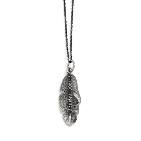 Stainless Steel Polished/Antiqued Feather w/Black CZ Necklace SRN1704 - shirin-diamonds