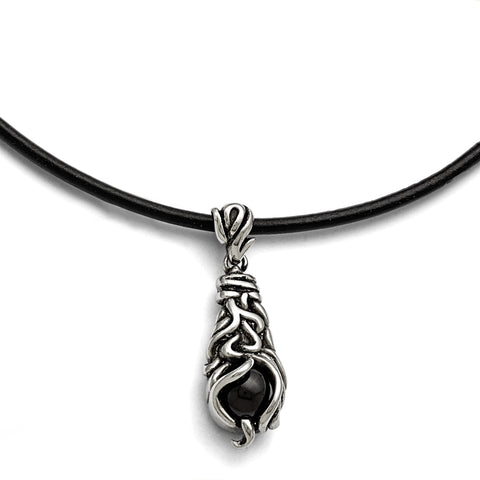 Stainless Steel Polished/Antiqued Moveable Black Agate Necklace SRN1707 - shirin-diamonds