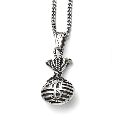 Stainless Steel Polished and Antiqued Money Bag Necklace SRN1719 - shirin-diamonds