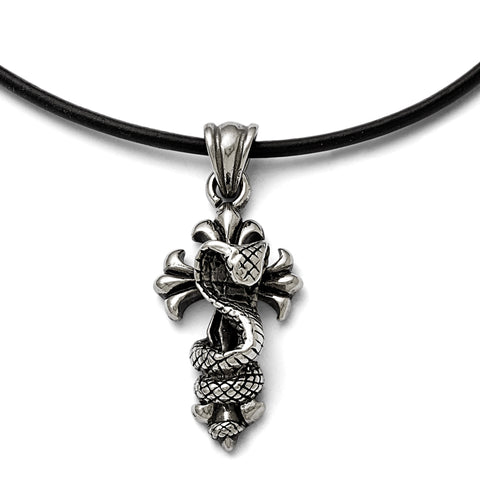 Stainless Steel Polished and Antiqued Snake and Cross Necklace SRN1720 - shirin-diamonds