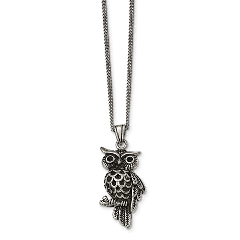 Stainless Steel Polished and Antiqued Owl w/Black Crystals Necklace SRN1721 - shirin-diamonds