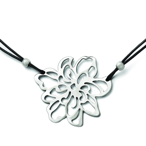 Stainless Steel Polished Flower w/Black Leather Cord 19.25in Necklace SRN1733 - shirin-diamonds