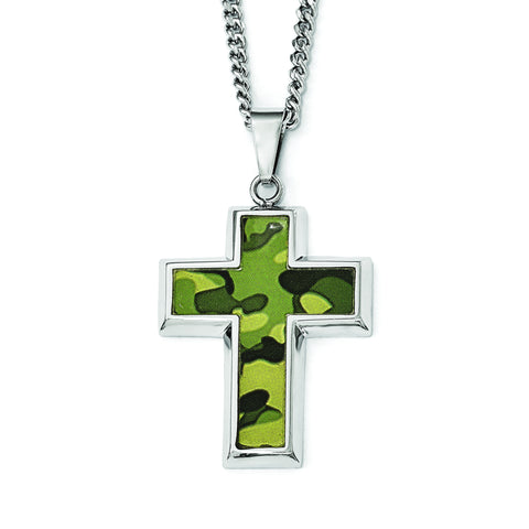 StainlessSteel Polished Printed GreenCamo Under Rubber CrossNecklace SRN1806 - shirin-diamonds