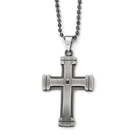 Stainless Steel Antiqued Polished and Brushed CZ Cross Necklace SRN1823 - shirin-diamonds