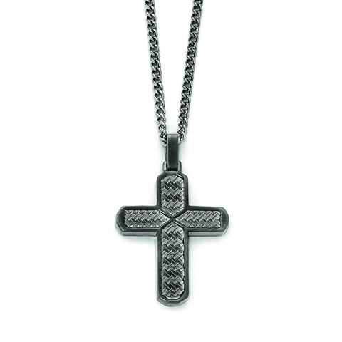 Stainless Steel Polished Textured Black IP-plated Cross Necklace SRN1824 - shirin-diamonds