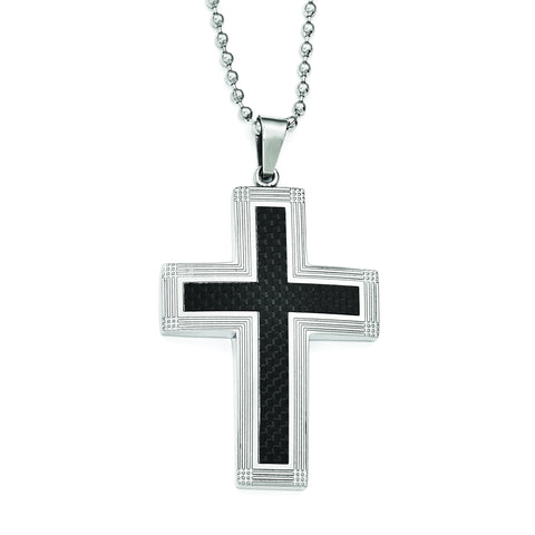 Stainless Steel Polished Carbon Fiber Inlay Cross 22in Necklace SRN1828 - shirin-diamonds