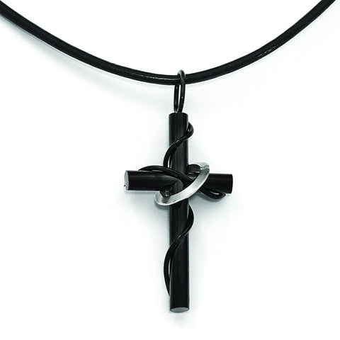 Stainless Steel Polished Black IP-plating Cross Leather Cord Necklace SRN1838 - shirin-diamonds