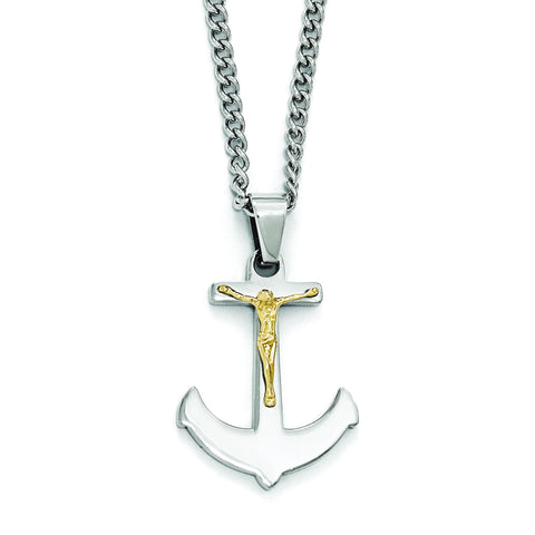 Stainless Steel w/14k Gold Crucifix Anchor Necklace SRN1929 - shirin-diamonds