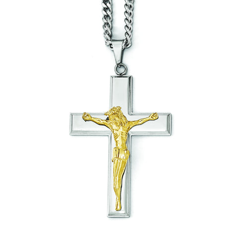 Stainless Steel Polished Cross w/Yellow IP Jesus Necklace SRN1946 - shirin-diamonds