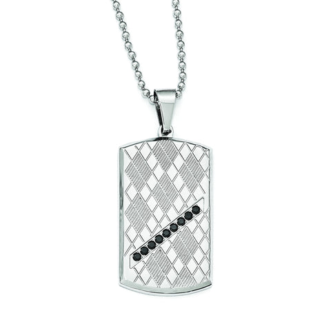 Stainless Steel Polished & Textured Black CZ Dog Tag Necklace SRN1970 - shirin-diamonds
