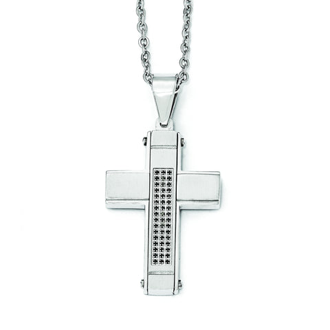 Stainless Steel Brushed and Polished w/ Black CZ Cross Necklace SRN1980 - shirin-diamonds