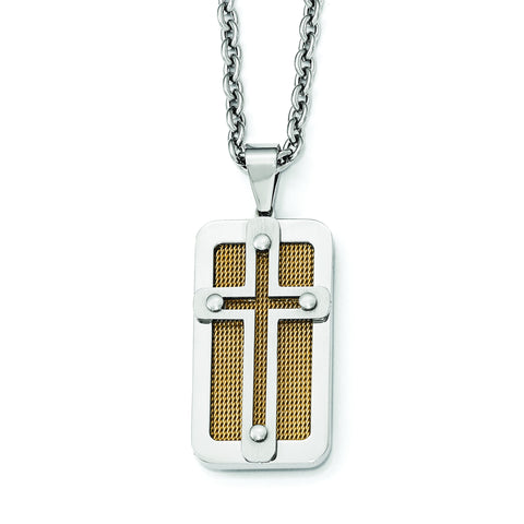 Stainless Steel Polished Yellow IP-plated Wire Inlay Cross Necklace SRN1996 - shirin-diamonds