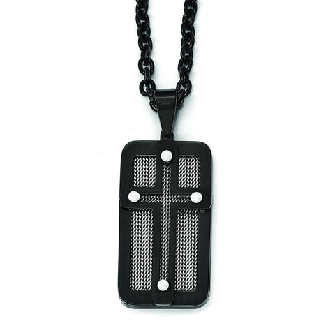 Stainless Steel Polished Black IP-plated w/ Wire Inlay Cross Necklace SRN1997 - shirin-diamonds
