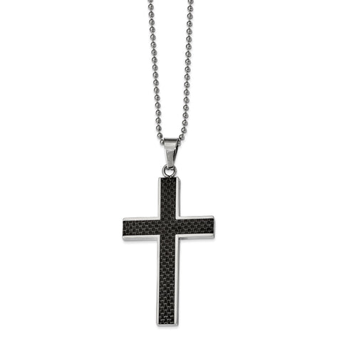 Stainless Steel Polished w/Black Carbon Fiber Inlay Cross 22in Necklace SRN309 - shirin-diamonds