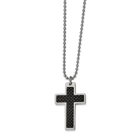 Stainless Steel Polished Black Carbon Fiber Inlay Cross 20in Necklace SRN310 - shirin-diamonds