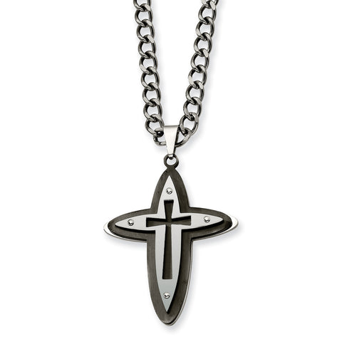 Stainless Steel Brushed/Polished Black IP-plated Cross 22in Necklace SRN315 - shirin-diamonds