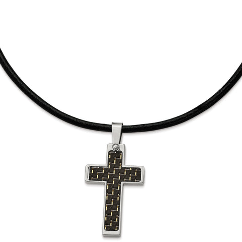 Stainless Steel Black Carbon Fiber Inlay Cross 18in Leather Cord Necklace SRN344 - shirin-diamonds