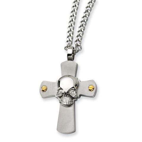 Stainless Steel Yellow IP-plated Skull on Cross 24in Necklace SRN363 - shirin-diamonds