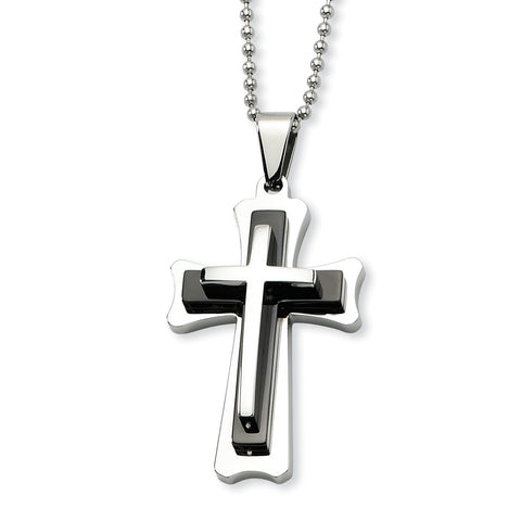 Stainless Steel Black Acrylic & Polished Cross Necklace SRN467 - shirin-diamonds