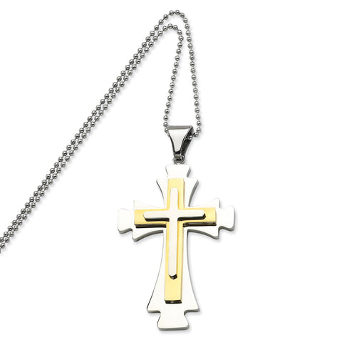 Stainless Steel Gold IP-plated Cross Pendant 22in Necklace SRN482 - shirin-diamonds