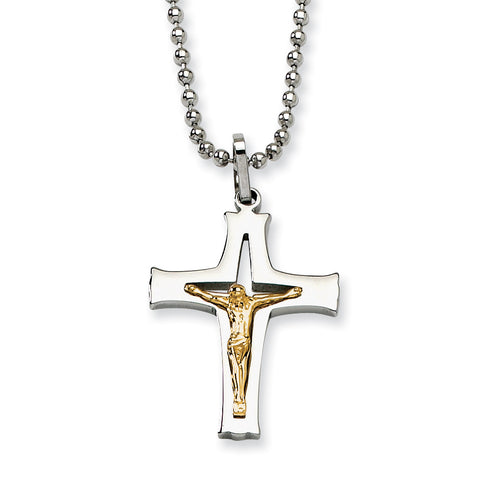 Stainless Steel 14k Gold Accent Crucifix Pendant Necklace SRN486 - shirin-diamonds
