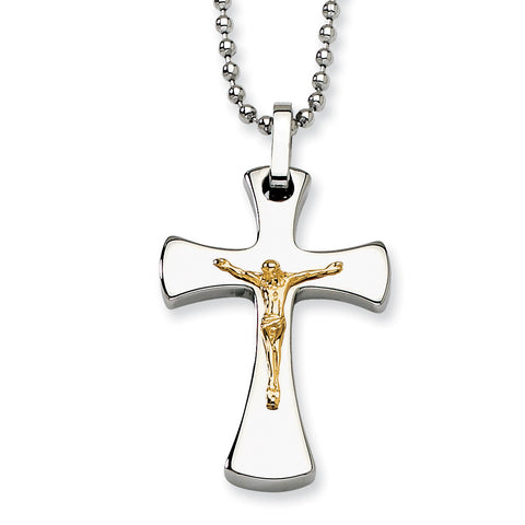 Stainless Steel 14k Gold Accent Crucifix Pendant Necklace SRN487 - shirin-diamonds
