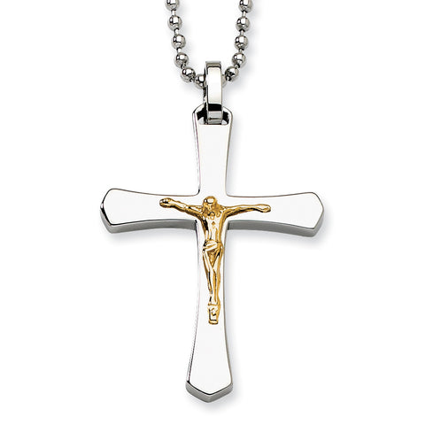 Stainless Steel 14k Gold Accent Crucifix Pendant Necklace SRN488 - shirin-diamonds
