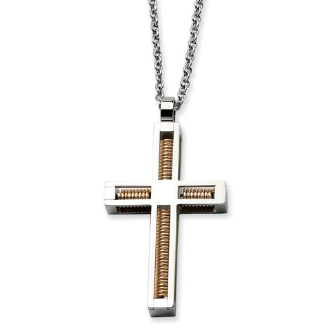 Stainless Steel Polished & Pink IP-plated Cross Necklace SRN503 - shirin-diamonds
