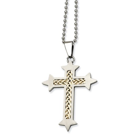 Stainless Steel Silver Inlay Cross Pendant 24in Necklace SRN505 - shirin-diamonds