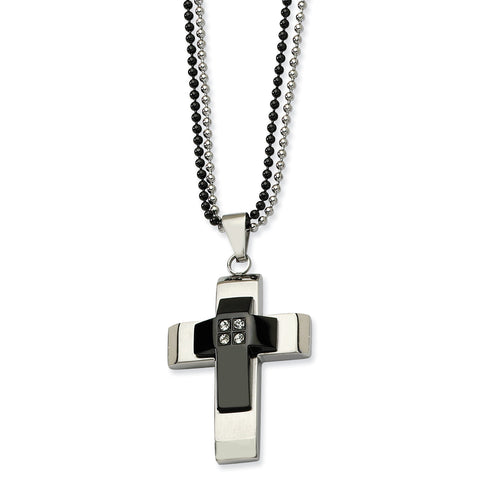 Stainless Steel Polished & Black IP-plated Cross with CZs Necklace SRN510 - shirin-diamonds