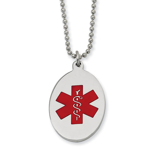 Stainless Steel Red Enamel Oval Medical Pendant 22in Necklace SRN525 - shirin-diamonds