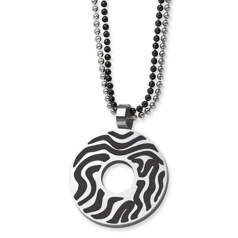 Stainless Steel Black Rubber Swirl Circle 22in Double Chain Necklace SRN576 - shirin-diamonds