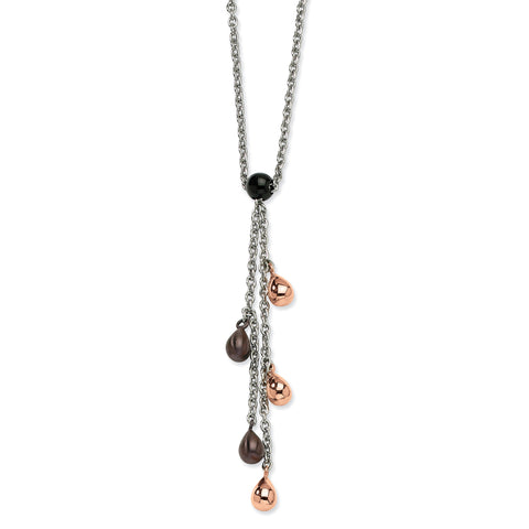 Stainless Steel Rose & Brown IP plated Teardrops 20in Y Necklace SRN580 - shirin-diamonds